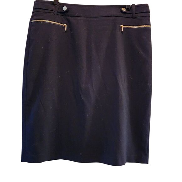 Calvin Klein Mini Pencil Skirt Women's 14 Black Gold Accent Zip Button Polyester - Picture 1 of 10